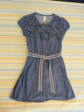 ⭐ Girl's OshKosh Bgosh Dark Chambray denim dress with striped belt size 7